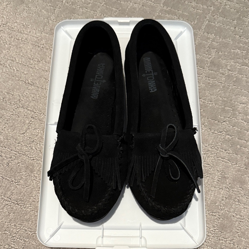 Minnetonka Black Fringe Moccasins